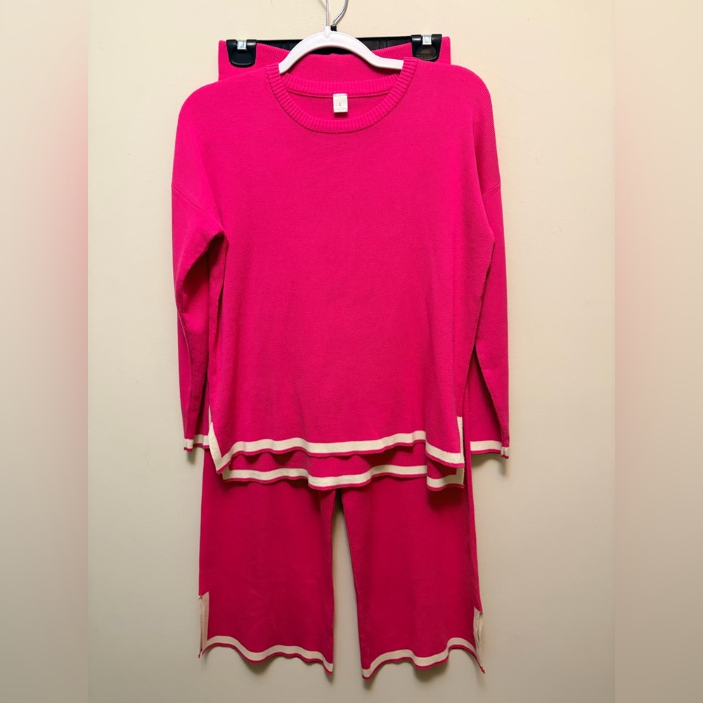 Pink Knit Lounge Set Contrast Trim Cozy Wide Leg Matching Set - Picture 2 of 7